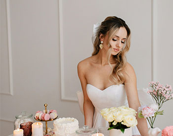  white girl in a wedding dress with differnt  candle on the table around the cake 